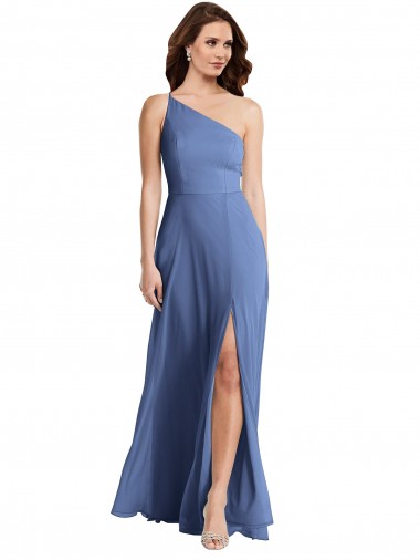 Windsor Blu Linea A Una spalla Chiffona Lunga Formali Abiti da damigella donore / Abiti da sera Fabbrica